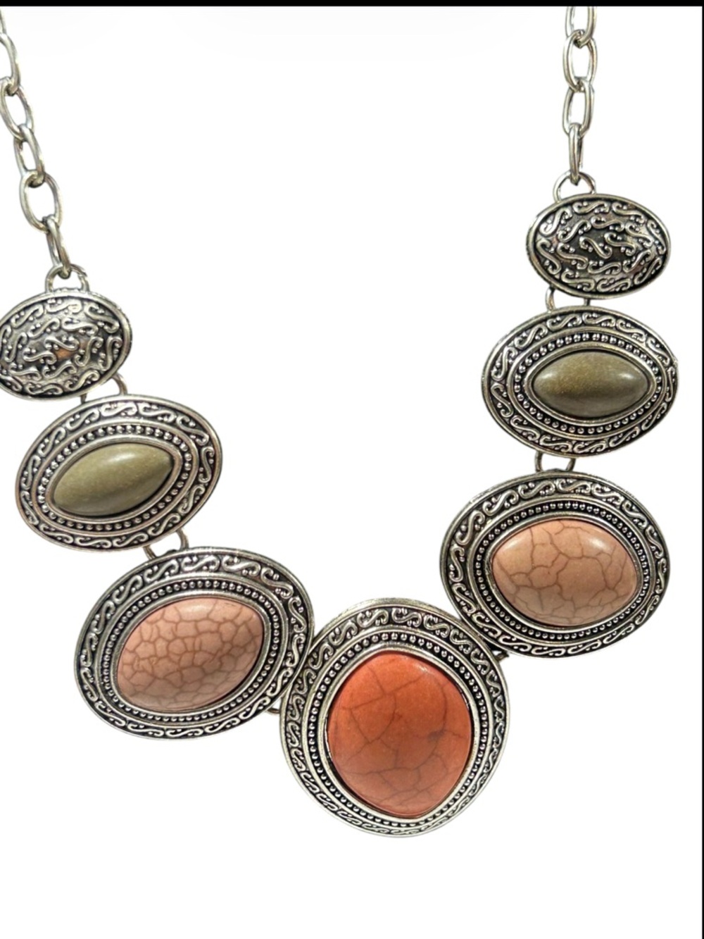Boho‎ Silver Tone Statement Necklace Earthy Faux Stone Medallions - Picture 3 of 3
